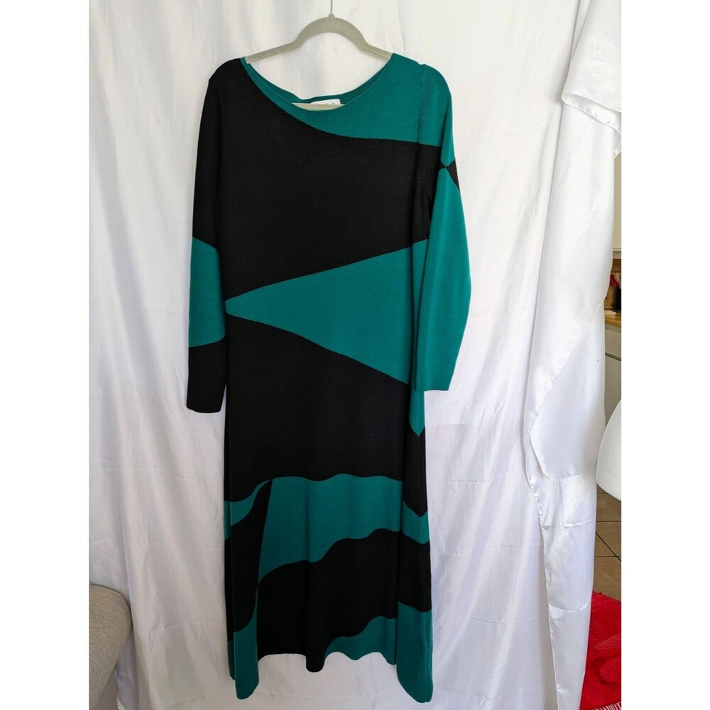 The Fold London 100% Merino Wool Colorblock Dress Light Emerald Green Black 14
